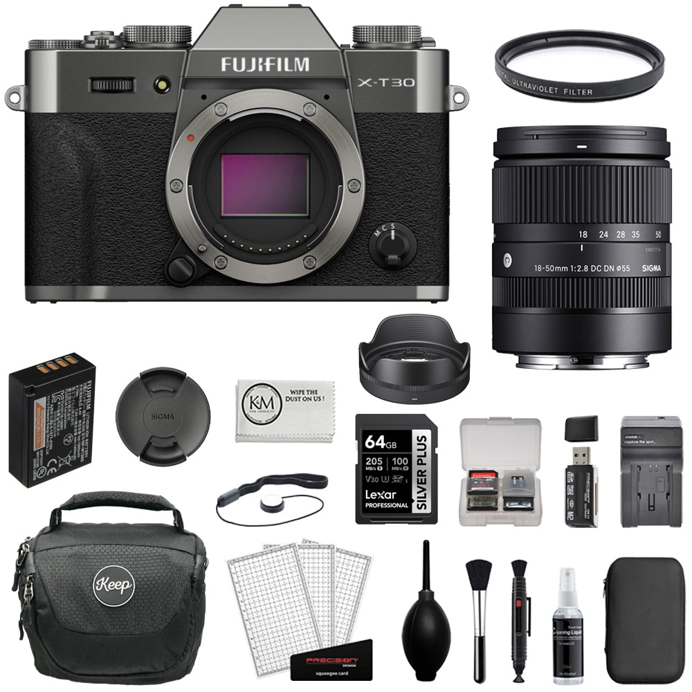 FUJIFILM X-T30 III Mirrorless Camera (Charcoal) Bundle with Sigma 18-50mm f/2.8 DC DN Contemporary Lens + 64GB Card + Card Reader + UV Filter + Battery Charger + Camera Bag + Cleaning Kit (12 Items)