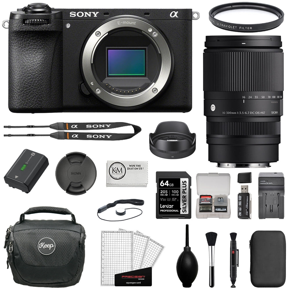 Sony Alpha a6100 Mirrorless Digital Camera (Body Only) Bundle with Sigma 16-300mm f/3.5-6.7 DC OS Contemporary Lens + 64GB Card + UV Filter + Cleaning Kit + Camera Shoulder Bag (12 Items)