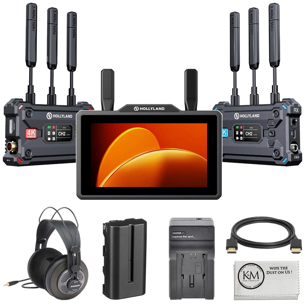 Hollyland Pyro 5 Video Transmission and Monitoring Kit Bundle with Headphones + HDMI Cable + Battery + Battery Charger + Cleaning Cloth (6 Items)