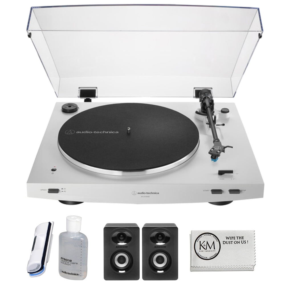 Audio-Technica Consumer AT-LP3XBT Fully Automatic Two-Speed Turntable with Bluetooth (White) Bundle with Studio Monitors with Bluetooth & AT6012 Vinyl Record Cleaning Kit + Cloth (4 Items)