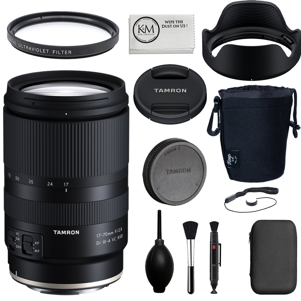 Tamron 17-70mm f/2.8 Di III-A VC RXD Lens Compatible with RF Mount Bundle with UV Filter + Lens Cap Keeper + Deluxe Cleaning Kit - Blower, Lens Pen, Brush & Case + Medium Len Pouch (6 Items)