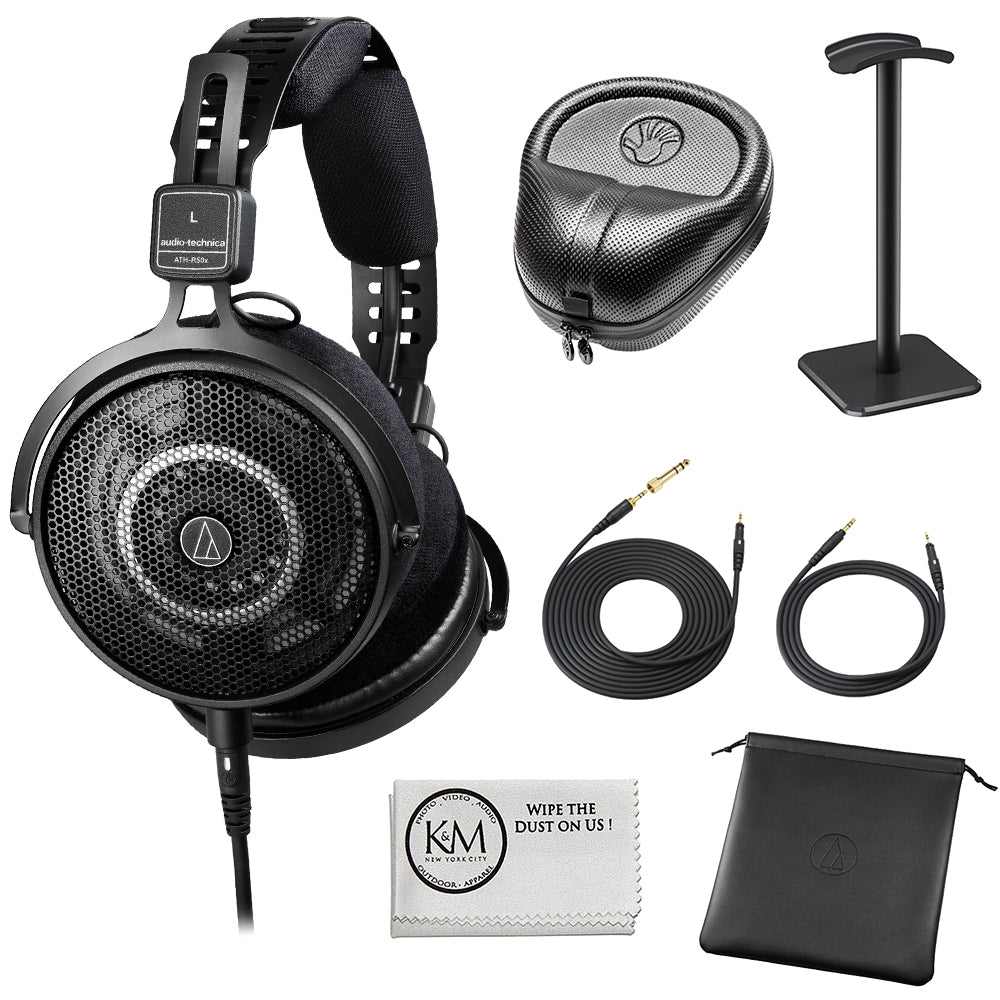 Audio-Technica ATH-R50x Open-Back Reference Headphones with Full-Sized Hard Headphone Case + Headphones Stand & Cloth (4 Items)