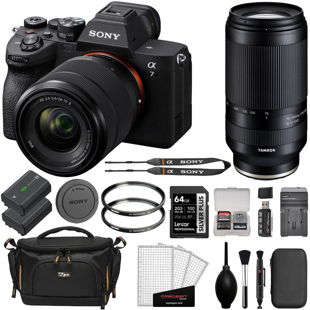 Sony a7 IV Mirrorless Camera with 28-70mm f/3.5-5.6 OSS II Lens Bundled with Tamron 70-300mm F/4.5-6.3 Di III RXD Lens + 64GB Card + UV Filter + Cleaning Kit + Camera Bag