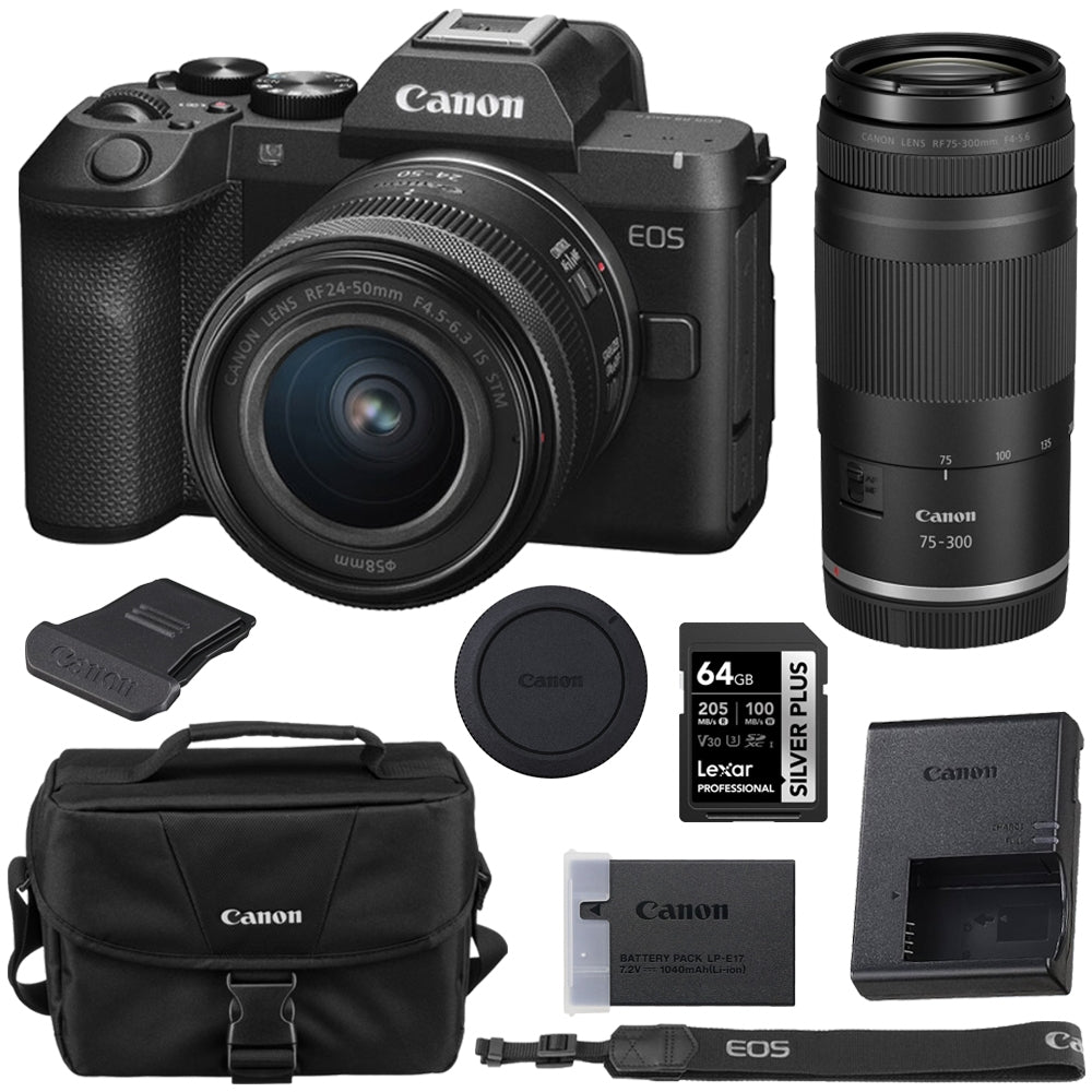 Canon R8 MK II Mirrorless Camera with 24-50mm f/4.5-6.3 IS STM Lens with Canon RF 75-300 f/4-5.6 Zoom Lens + 64GB Memory Card + 200ES Shoulder Bag