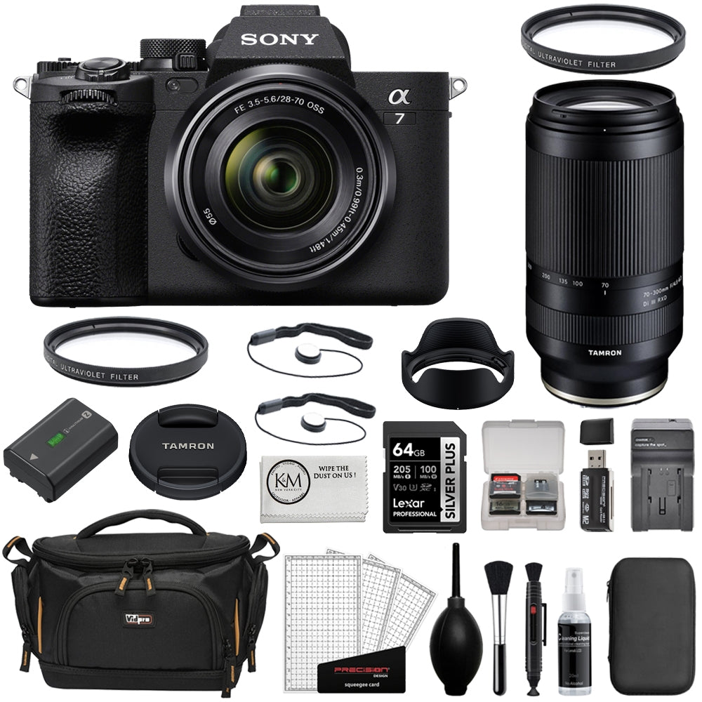 Sony Alpha a7 IV Mirrorless Digital Camera with 28-70mm Lens Bundle with Tamron 70-300mm F/4.5-6.3 Di III RXD Lens + 64GB Card + UV Filters + Card Reader + Camera Bag + Cleaning Kit (14 Items)