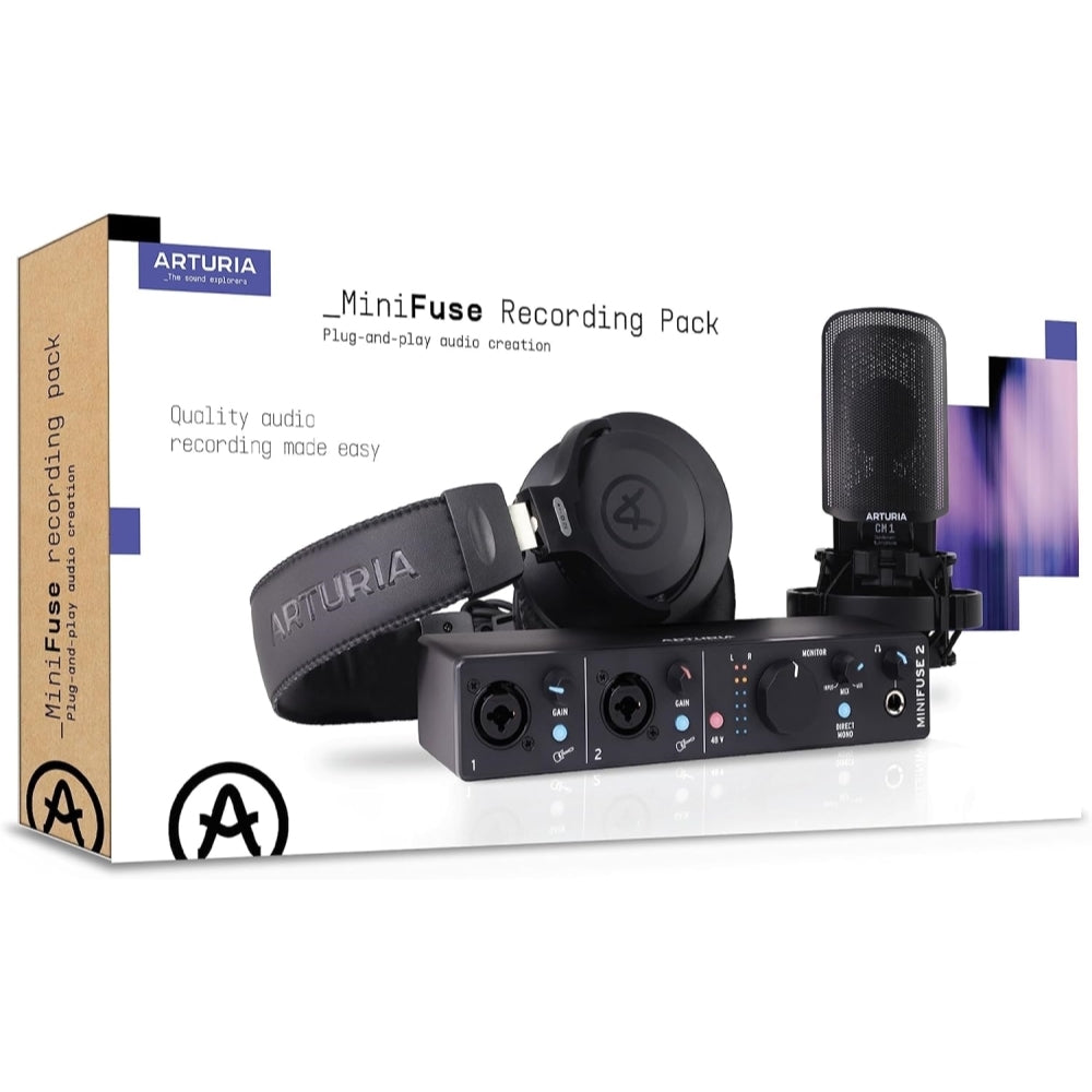 Arturia Minifuse Recording Pack | Black Bundle with 20-Ft XLR Microphone Cable + Microphone Desktop Stand + Microfiber Cleaning Cloth (4 Items)