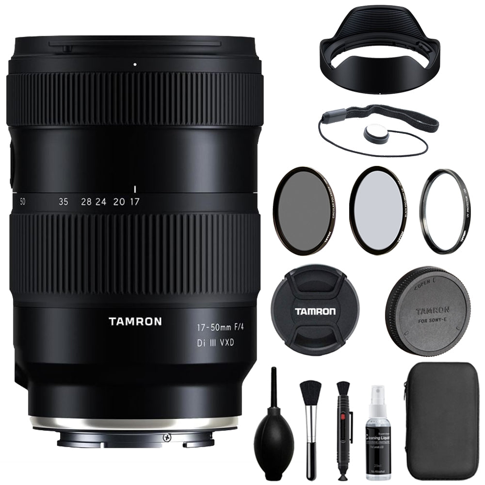 Tamron 17-50mm f/4 Di III VXD Lens Compatible with E Mount (Full Frame) Bundle with Tiffen Filter Set + Lens Cap Keeper + Cleaning Kit + Cleaning Cloth (5 Items)