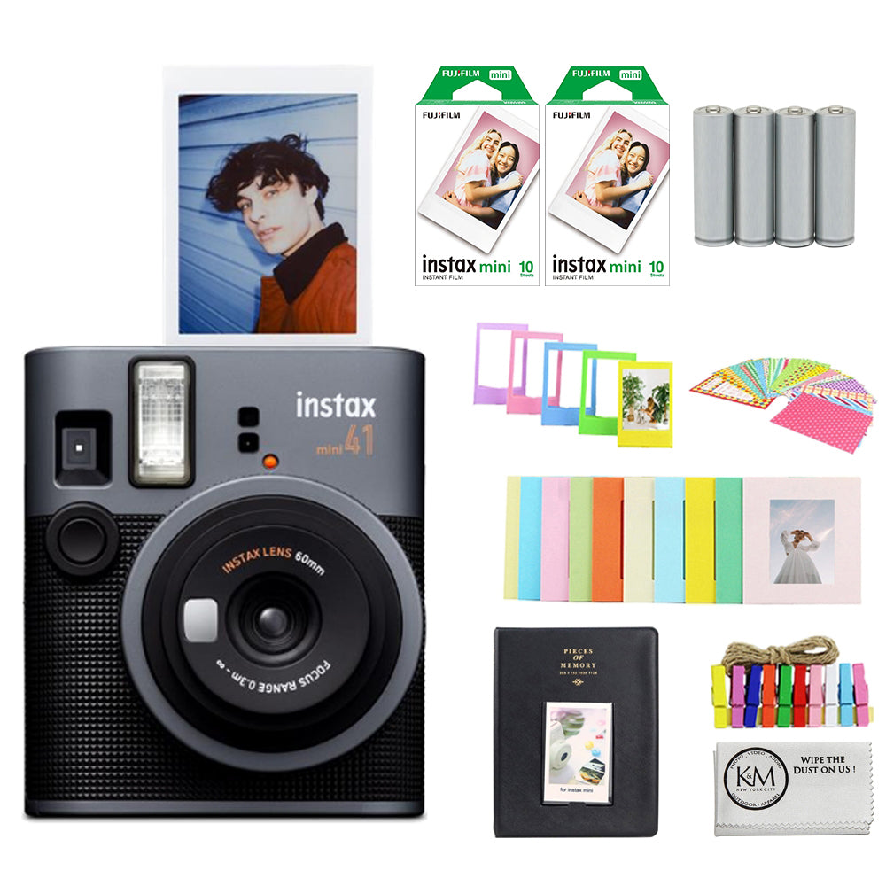 FUJIFILM INSTAX Mini 41 Instant Camera Bundle with Instax Mini Film | 20 Exposures + 4 Pack AA Batteries + Mini Album, Borders, Stickers & Clips + Cleaning Cloth (5 Items)
