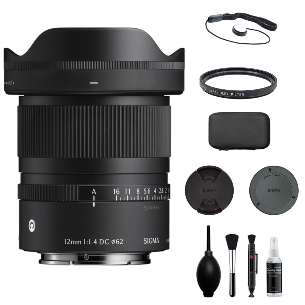 Sigma 12mm f/1.4 DC Contemporary Lens Compatible with Sony E Mount (APS-C) Bundle with UV Filter + Lens Cap Keeper + Cleaning Kit + Cleaning Cloth (5 Items)