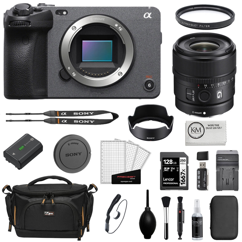 Sony FX30 Digital Cinema Camera Bundle with Sony E 15mm f/1.4 G Lens + 128GB Memory Card + Battery Charger + Camera Bag + Cleaning Kit + Cleaning Cloth (11 Items)