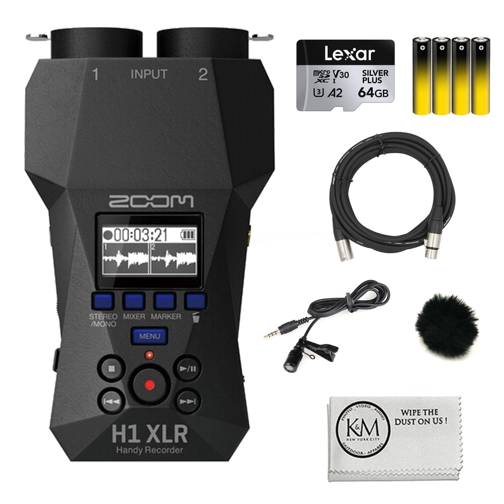 Zoom H1 XLR Portable Audio Recorder for Video Bundled with 64GB Micro SD Card + XLR Cable + Lavalier Mic + Furry Lavalier Windscreen + 4 AA Batteries + Microfiber Cloth (7 Items)