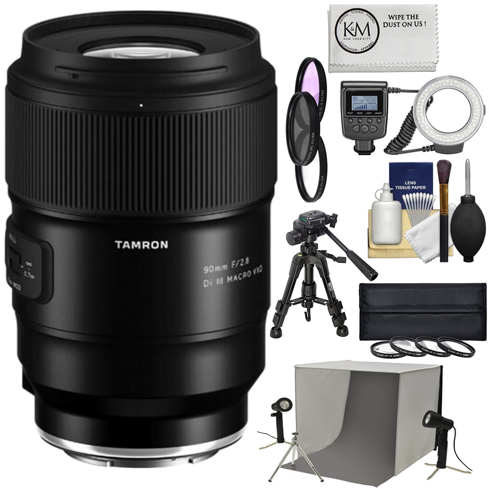 Tamron 90mm f/2.8 Di III VXD Macro Lens | Sony E Bundle with Ring Light + 3-Piece Filter Set + Close Up Filter Set + Portable Studio + Cleaning Kit + Tripod + Cleaning Cloth (8 Items)