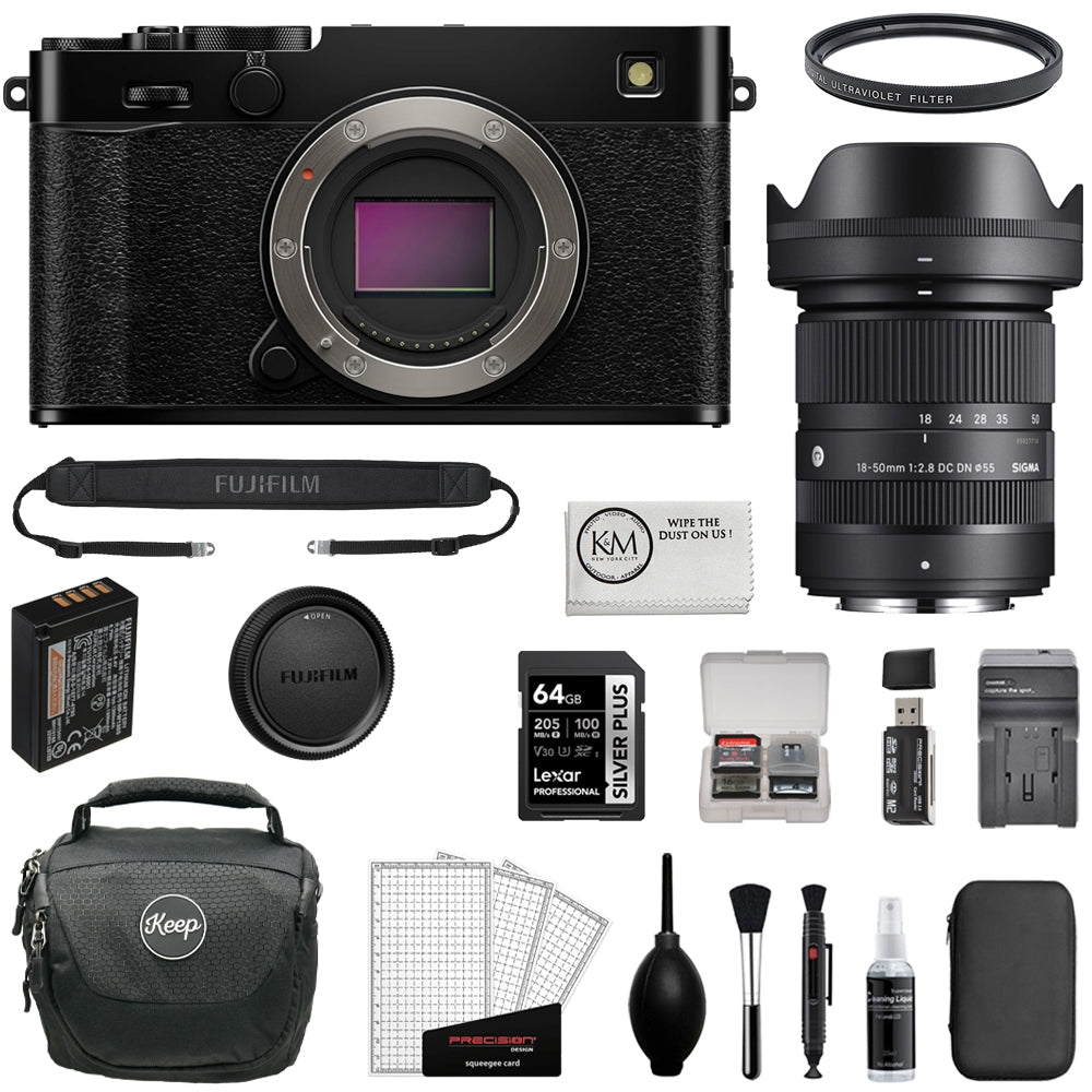 FUJIFILM X-E5 Mirrorless Camera (Black) Bundle with Sigma 18-50mm f/2.8 DC DN Contemporary Lens + 64GB Memory Card + Camera Bag + UV Filter + Memory Card Reader + Cleaning Kit (11 Items)