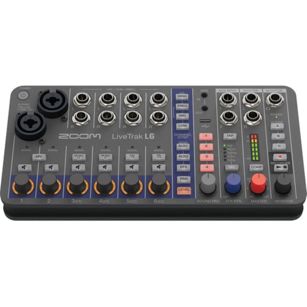 Zoom LiveTrak L-6 Portable 6-Channel Digital Mixer and Multitrack Recorder Bundle with 20ft XLR Cable + 18ft Instrument Cable + 4 Pack AA Batteries + 64GB Micro-SD Card + Cleaning Cloth (6 Item)