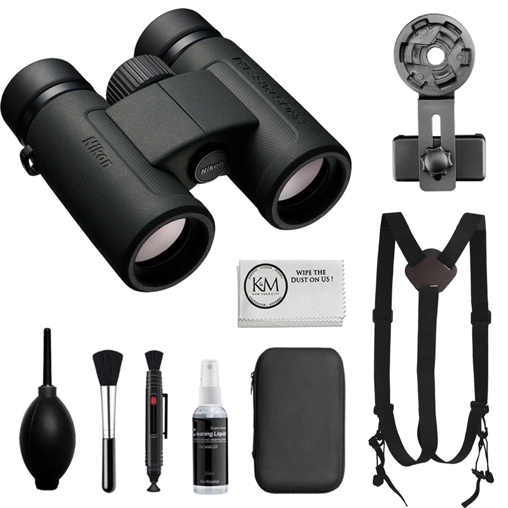 Nikon PROSTAFF P3 8x30 Binoculars Bundled with Harness Strap + Deluxe Cleaning Kit + Smartphone to Binocular adapter + Microfiber Cleaning Cloth (5 Items)