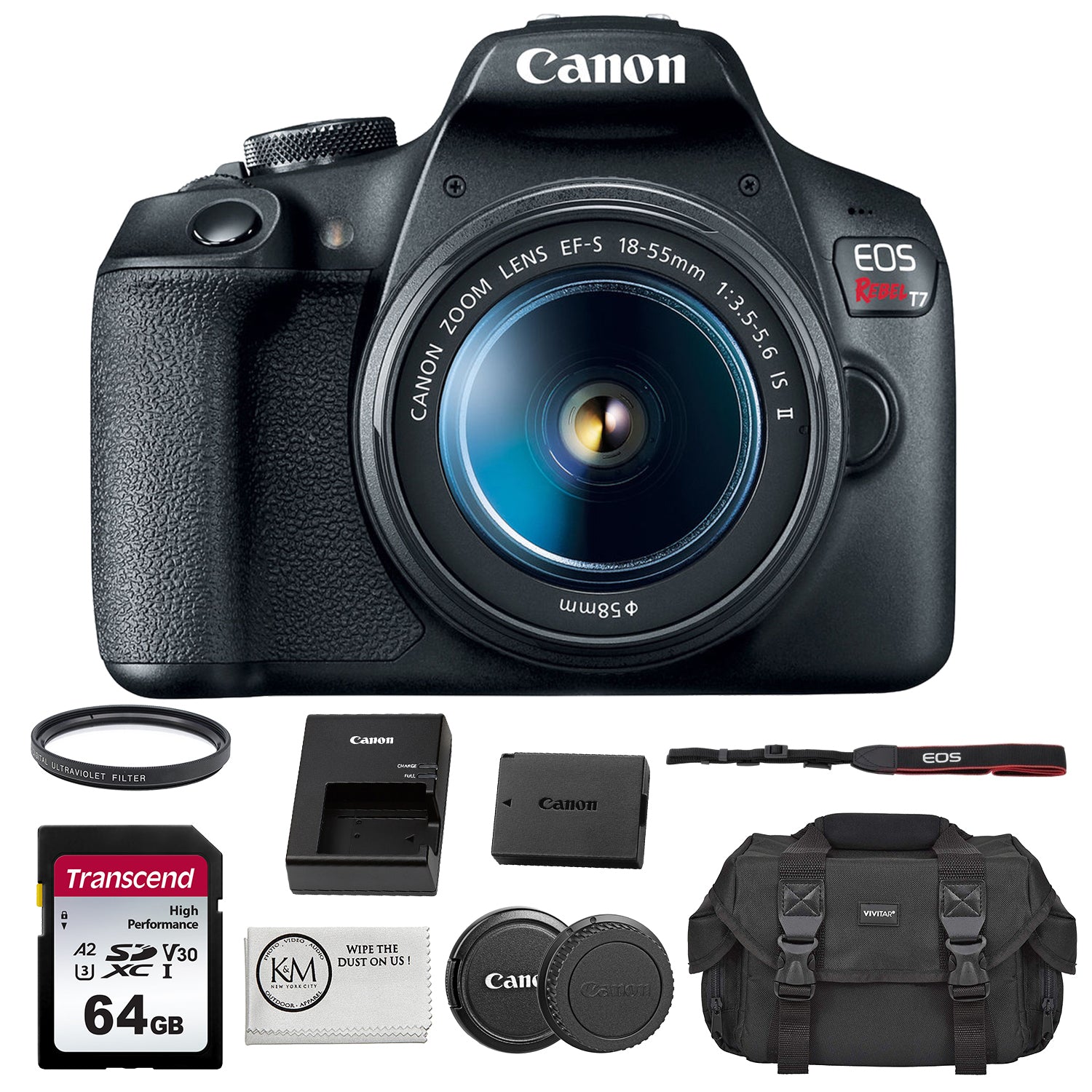 Canon EOS Rebel T7 DSLR Camera with 18-55mm Lens Bundled With 64GB Memory Card + Camera Bag + 58mm UV Filter + Microfiber Cleaning Cloth (5 Items)