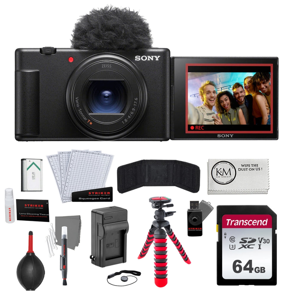 Sony ZV-1 II Digital Camera | Black Bundled with Extra NP-BX1 Battery + 12" Tripod + Battery Charger + 64GB Memory Card + Microfiber Cleaning Cloth + Photo Starter Kit (11 Pieces) (7 Items)