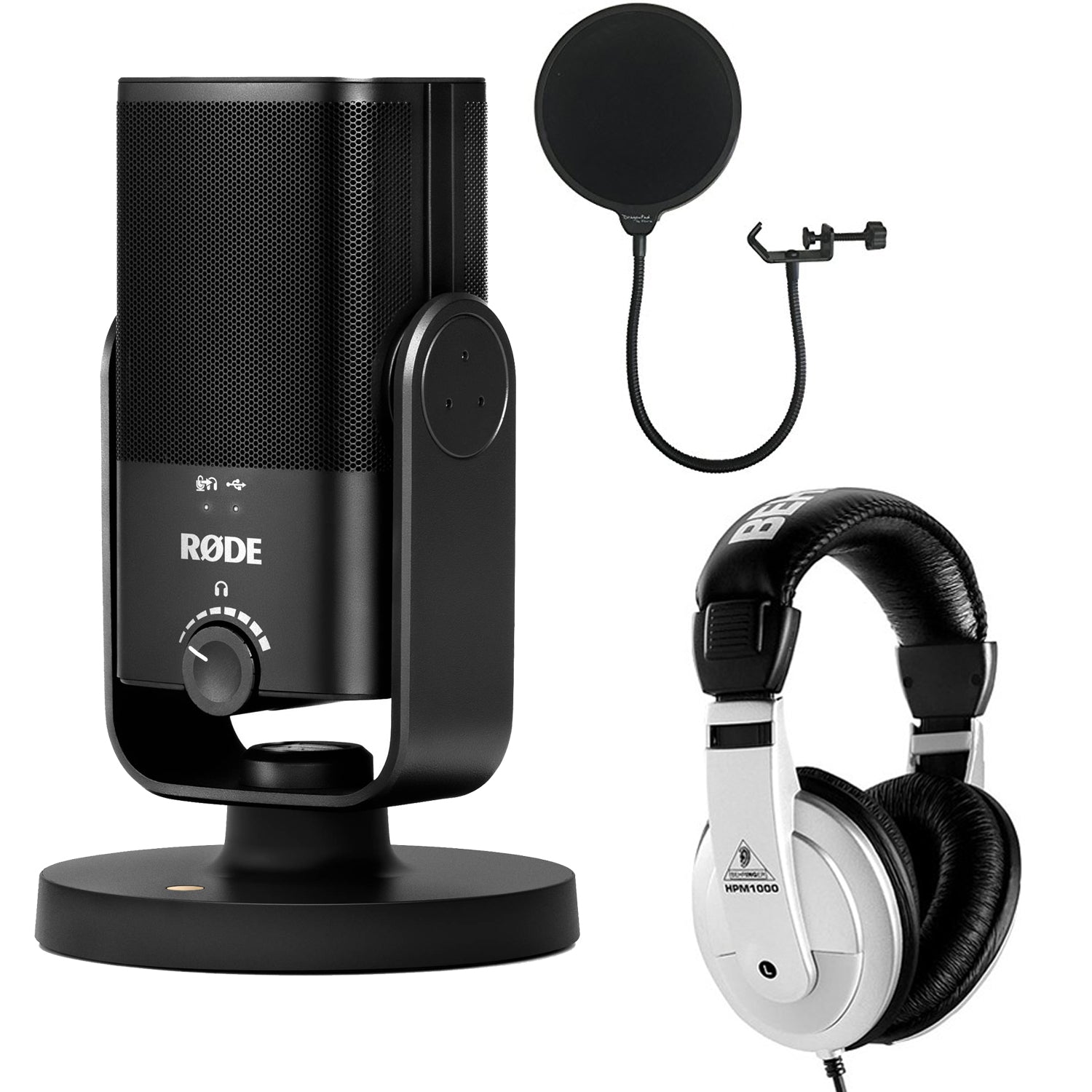 Rode Mini USB Mic + Multi-Purpose Headphones + Pop Filter Wind Screen - Essential Podcast Bundle