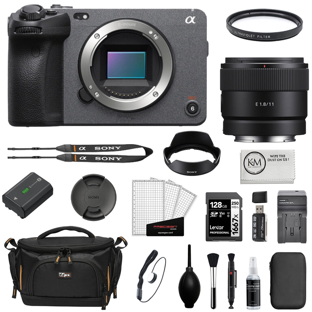 Sony FX30 Digital Cinema Camera Bundle with Sony E 11mm f/1.8 Lens + 128GB Memory Card + Battery Charger + Camera Bag + Cleaning Kit + Cleaning Cloth (11 Items)