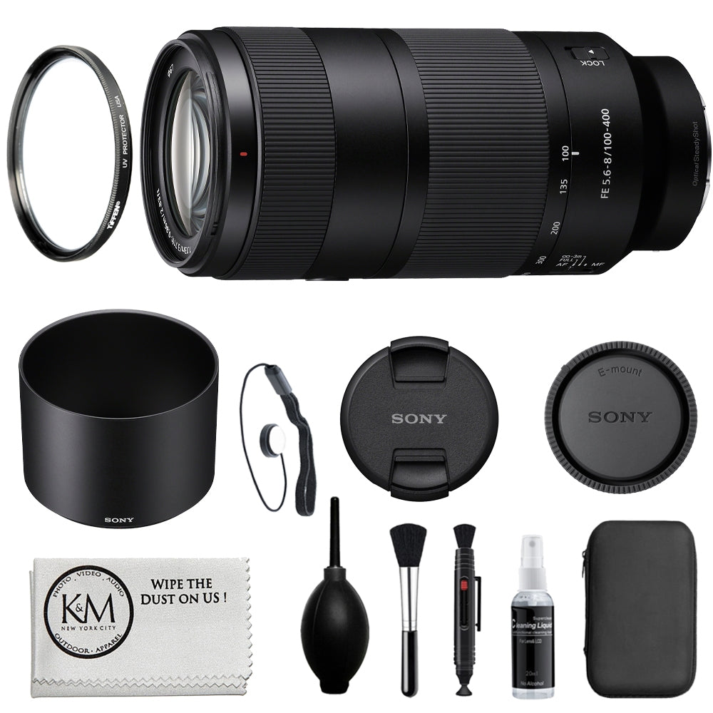 Sony FE 100-400mm f/5.6-8 OSS Lens | Sony E Bundled with UV Filter + Lens Cap Keeper + Deluxe Cleaning Kit - Blower, Lens Pen, Brush & Case + Cleaning Cloth (5 Items)