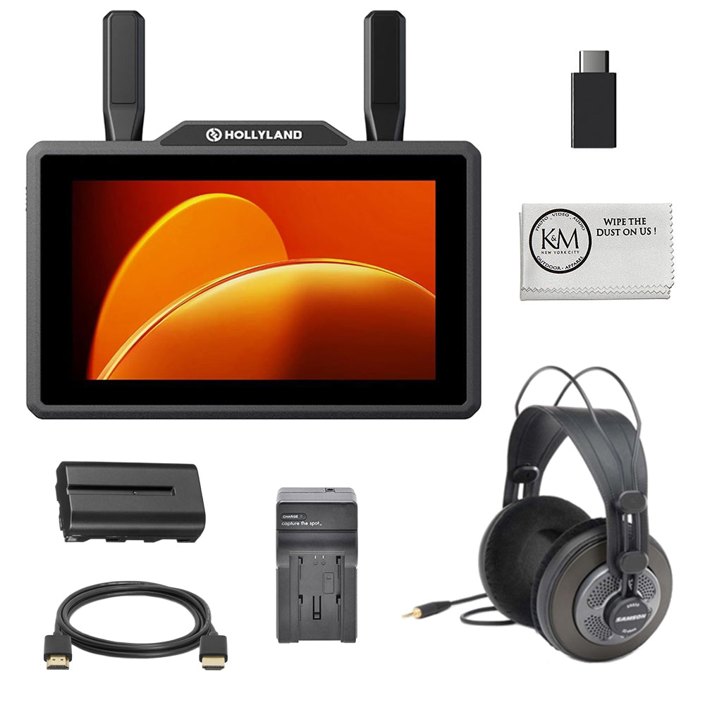 Hollyland Pyro 5 Wireless Transceiver Monitor Bundle with Headphones + HDMI Cable + Battery + Charger + Cleaning Cloth (6 Items)