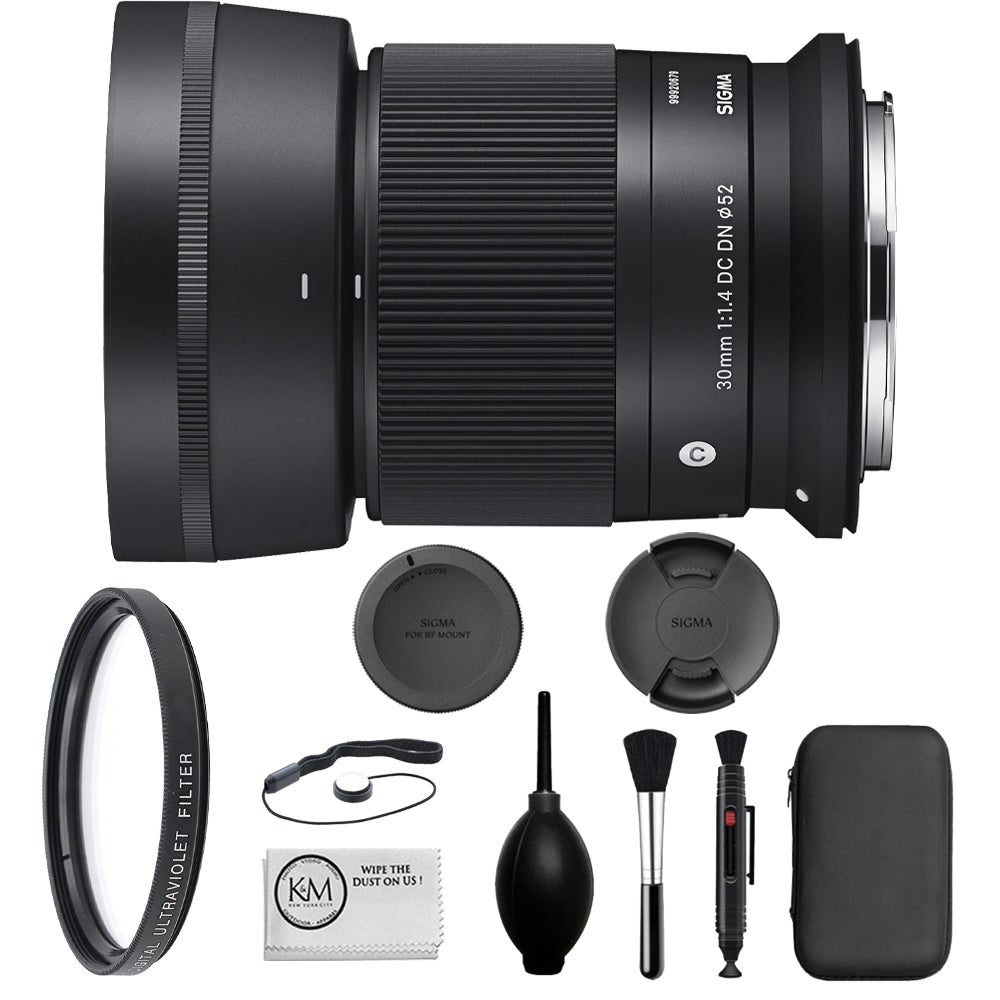 Sigma 30mm f/1.4 DC DN Contemporary Lens for Canon RF Mount (APS-C) Bundle with 52mm UV Filter + Cap Keeper + Deluxe Cleaning Kit - Blower, Lens Pen, Brush & Case + Cleaning Cloth