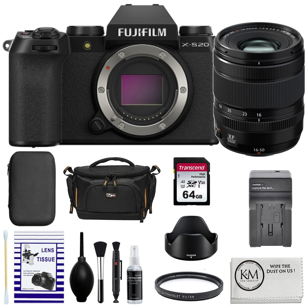 FUJIFILM X-S20 Mirrorless Camera with XF 16-50mm f/2.8-4.8 Lens | Black Bundle with 64GB Memory Card + Charger + 58mm UV Filter + Camera Case + Cleaning Kit + Cleaning Cloth (7 Items)