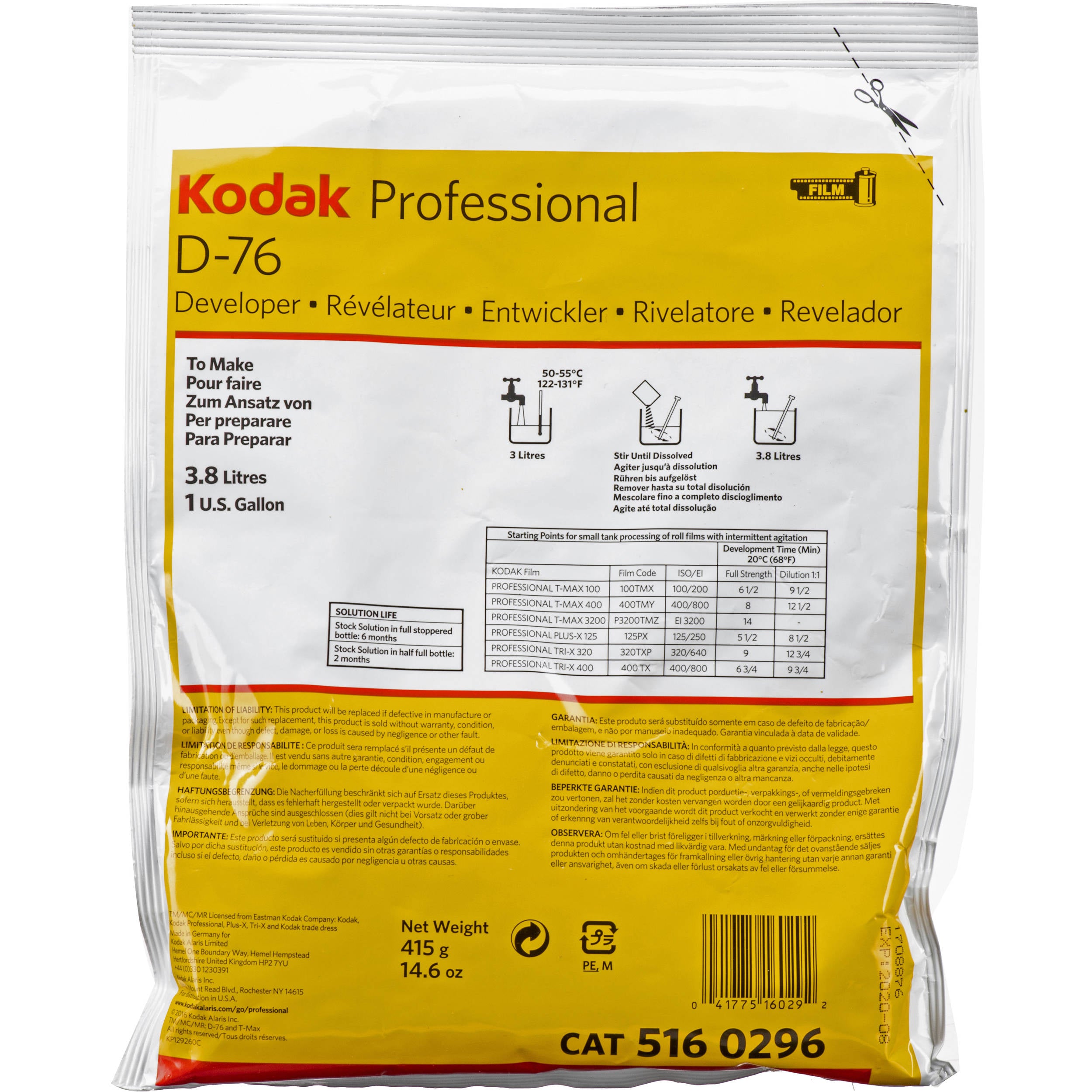 Kodak Professional D-76 Black & White Film Developer | Powder , To Make 1 Gallon