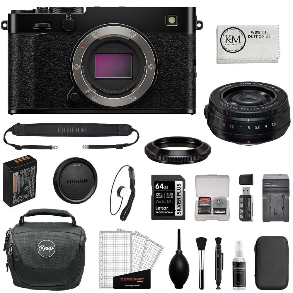 FUJIFILM X-E5 Mirrorless Camera with XF 23mm f/2.8 R WR Lens (Black) Bundle with 64GB Memory Card + Battery Charger + Camera Bag + Card Reader + Memory Case + Lens Cap Keeper + Cleaning Kit (10 Items)