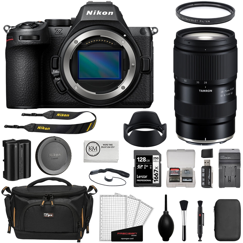 Nikon Z5 II Mirrorless Camera (Body Only) Bundle with Tamron 28-75mm F/2.8 Di III VXD G2 Lens + 128GB Memory Card + UV Filter + Cleaning Kit - Blower, Lens Pen & Brush + Camera Bag (11 Items)