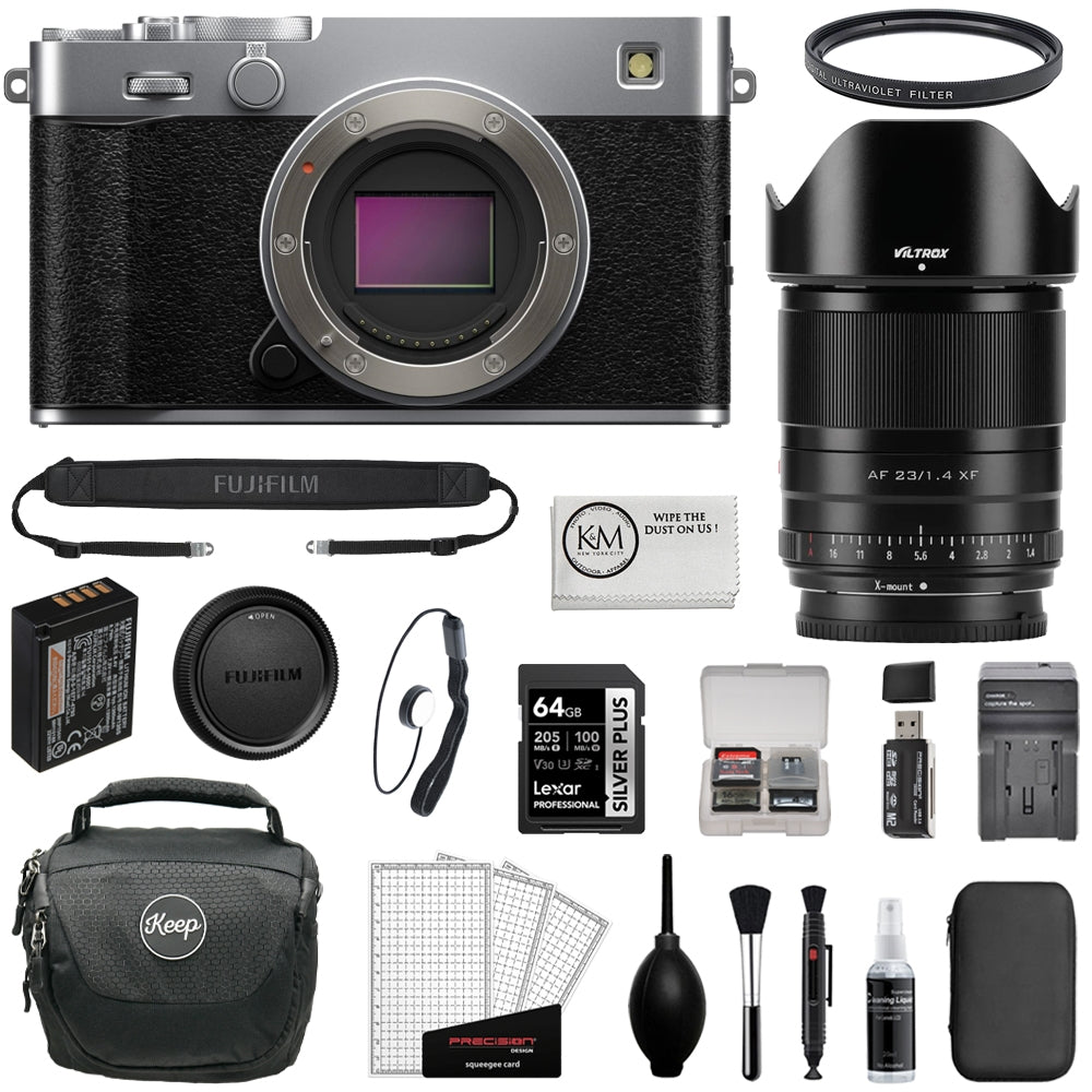 FUJIFILM X-E5 Mirrorless Camera (Silver) Bundle with Viltrox AF 23mm f/1.4 XF Lens + UV Filter + 64GB Memory Card + Memory Card Case + Battery Charger + Camera Bag + Cleaning Kit (12 Items)