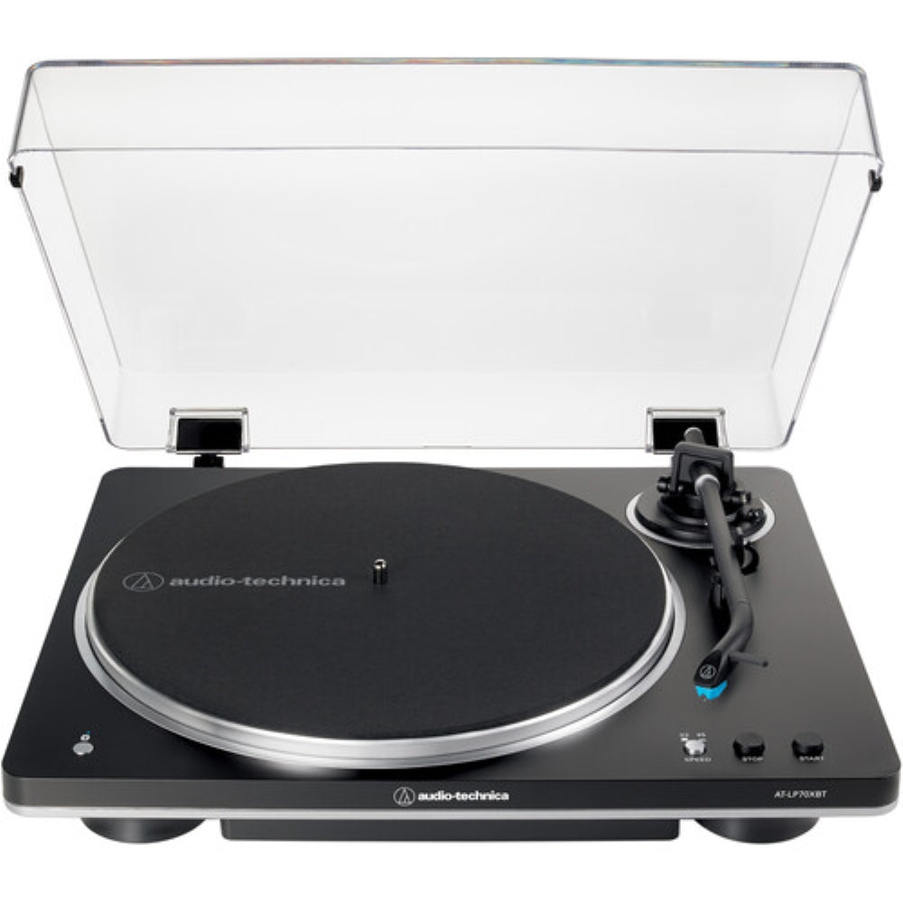 Audio-Technica AT-LP70XBT Automatic Belt-Drive Turntable with Bluetooth | Black and Silver Bundled with 3" Monitors with Bluetooth | Pair + Record Cleaning Tool & Record Cover Stand + Cloth (4 Items)