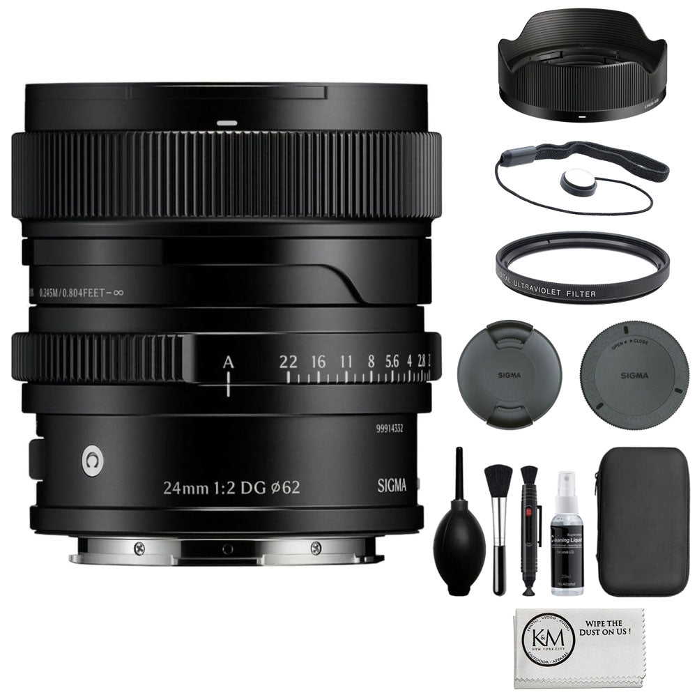 Sigma 24mm f/2 DG Contemporary Lens Compatible with L-Mount (Full Frame) Black Bundle with 62mm UV Filter + Lens Cap Keeper + Cleaning Kit + Cleaning Cloth (5 Items)