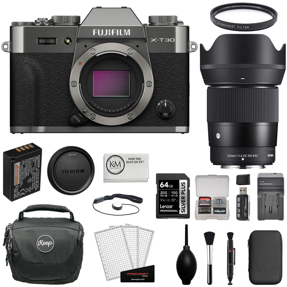FUJIFILM X-T30 III Mirrorless Digital Camera Charcoal Silver (Body Only) Bundle with Sigma 23mm f/1.4 DC DN Lens + 64GB Card + UV Filter + Card Reader + Charger + Cleaning Kit + Camera Bag (12 Items)