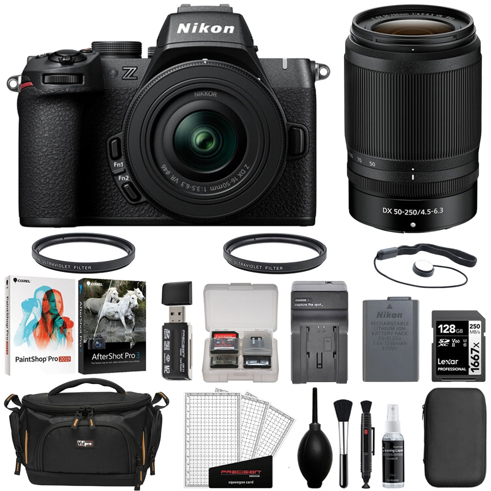 Nikon Z50 II Mirrorless Camera with 16-50mm & 50-250mm Lenses Bundle with 128GB Memory Card + Corel Photo Bundle + Memory Card Case + Camera Bag + Cleaning Kit (13 Items)