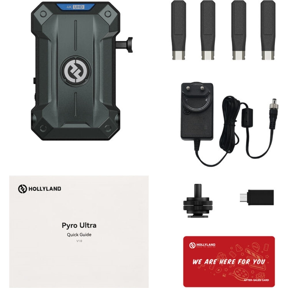 Hollyland Pyro Ultra 4K HDMI/SDI Wireless Video Receiver Bundle with Battery + Battery Charger + 1.8ft 4K HDMI Cable + Cleaning Cloth (5 Items)