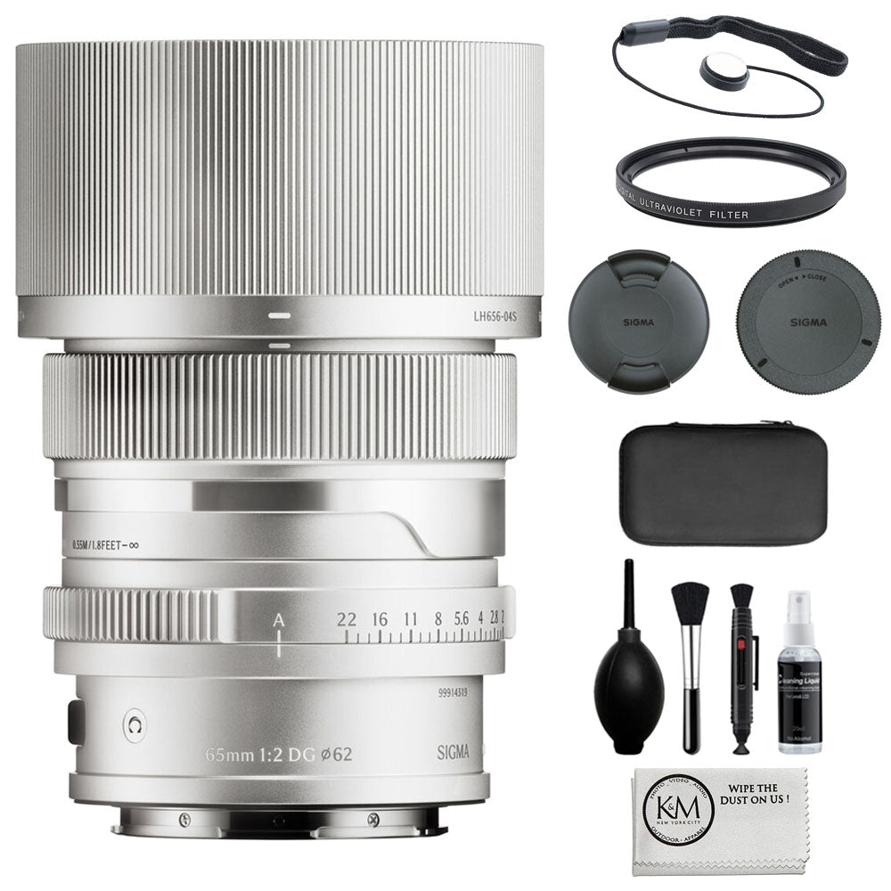 Sigma 65mm f/2 DG Contemporary Lens Compatible with L-Mount (Full Frame) Silver Bundle with 62mm UV Filter + Lens Cap Keeper + Cleaning Kit + Cleaning Cloth (5 Items)