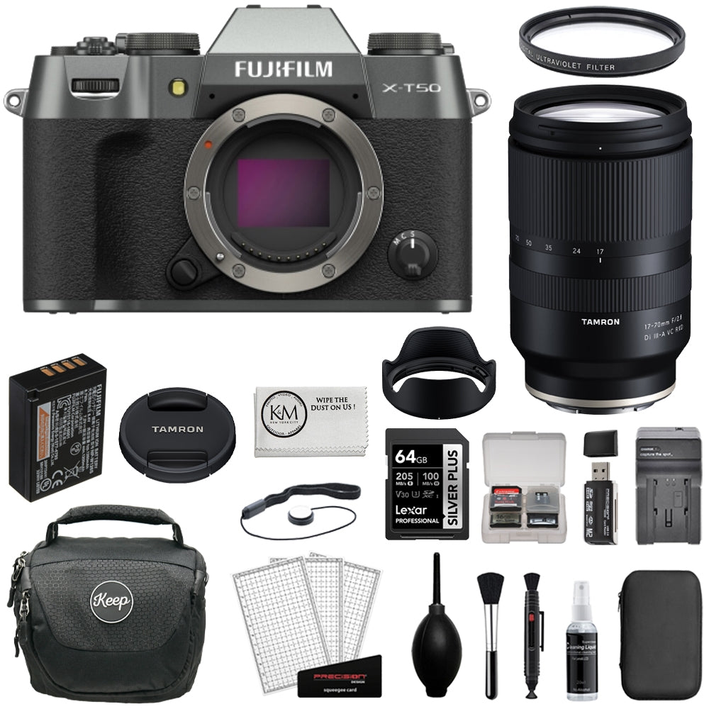FUJIFILM X-T50 Mirrorless Camera (Charcoal Silver) Bundle with Tamron 17-70mm f/2.8 Di III-A VC RXD Lens + 64GB Card + UV Filter + Battery Charger + Camera Bag + Cleaning Kit + Cloth (12 Items)