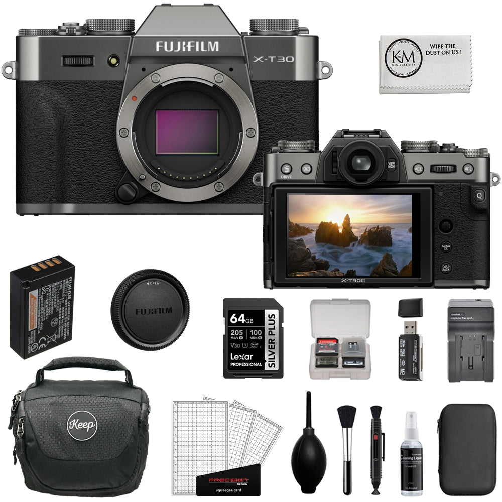 FUJIFILM X-T30 III Mirrorless Camera (Charcoal Silver) Bundle with 64GB Memory Card + Battery Charger + Camera Bag + Battery Charger + Card Reader + Screen Protector + Cleaning Kit (9 Items)