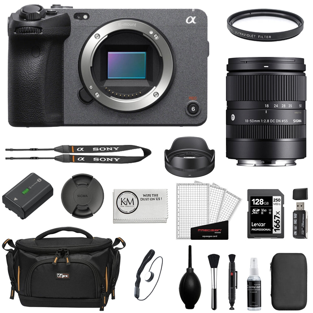 Sony FX30 Digital Cinema Camera Bundle with Sigma 18-50mm f/2.8 DC DN Contemporary Lens + UV Filter + 128GB Card + Cap Keeper + Memory Card Reader + Camera Bag + Cleaning Kit + Cloth (10 Items)