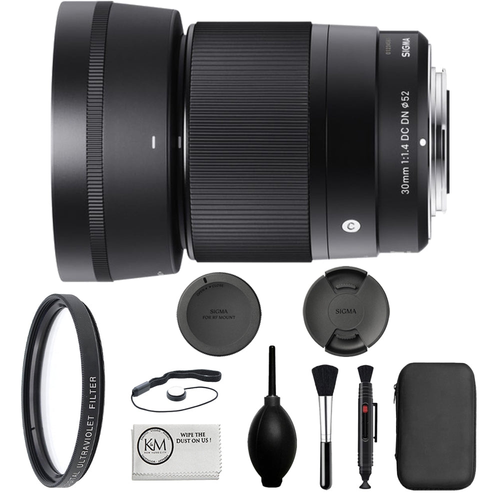 Sigma 30mm f/1.4 DC DN Contemporary Lens for Sony E Mount (APS-C) Bundle with 52mm UV Filter + Cap Keeper + Deluxe Cleaning Kit - Blower, Lens Pen, Brush & Case + Cleaning Cloth