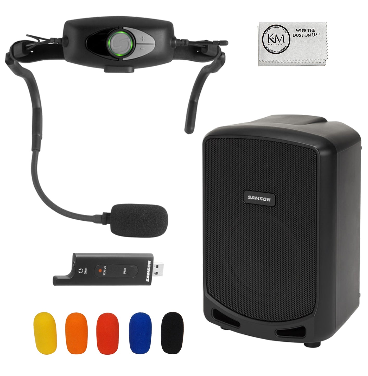 Samson AirLine XD USB Fitness Headset System | 2.4 GHz with Samson Expedition Escape+ 6 Portable PA System + Colorful Mic Windscreens + Cloth (4 Items)