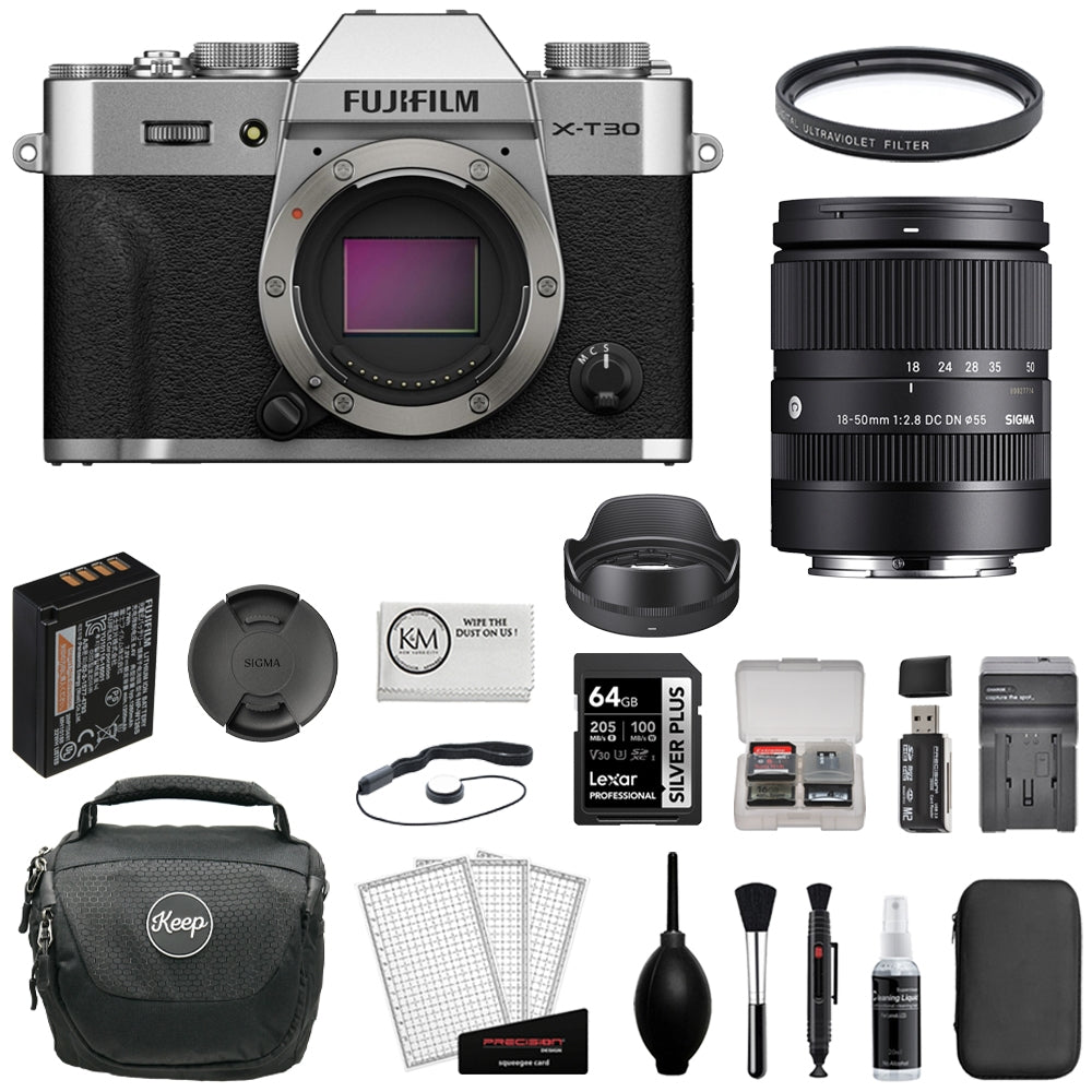 FUJIFILM X-T30 III Mirrorless Camera (Silver) Bundle with Sigma 18-50mm f/2.8 DC DN Contemporary Lens + 64GB Card + Card Reader + UV Filter + Battery Charger + Camera Bag + Cleaning Kit (12 Items)