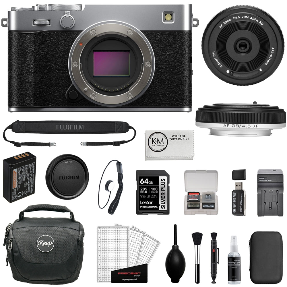 FUJIFILM X-E5 Mirrorless Camera (Silver) Bundle with Viltrox AF 28mm f/4.5 XF Lens + 64GB Memory Card + Memory Card Case + Battery Charger + Camera Bag + Cleaning Kit (11 Items)