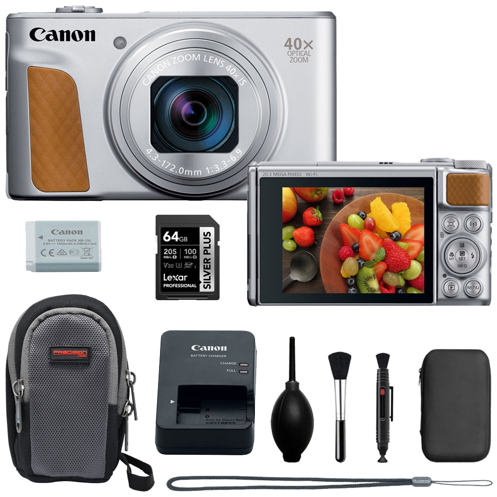 Canon PowerShot SX740 HS Digital Camera | Silver Bundled with 64GB Memory Card + Digital Camera Pouch + Cleaning Kit - Blower, Lens Pen, Brush & Case (4 Items)