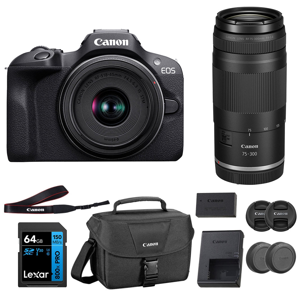Canon EOS R100 Mirrorless Camera with 18-45mm and 75-300mm f/4-5.6 Lens Bundled with 64GB Memory Card & Camera Bag (3 Items)