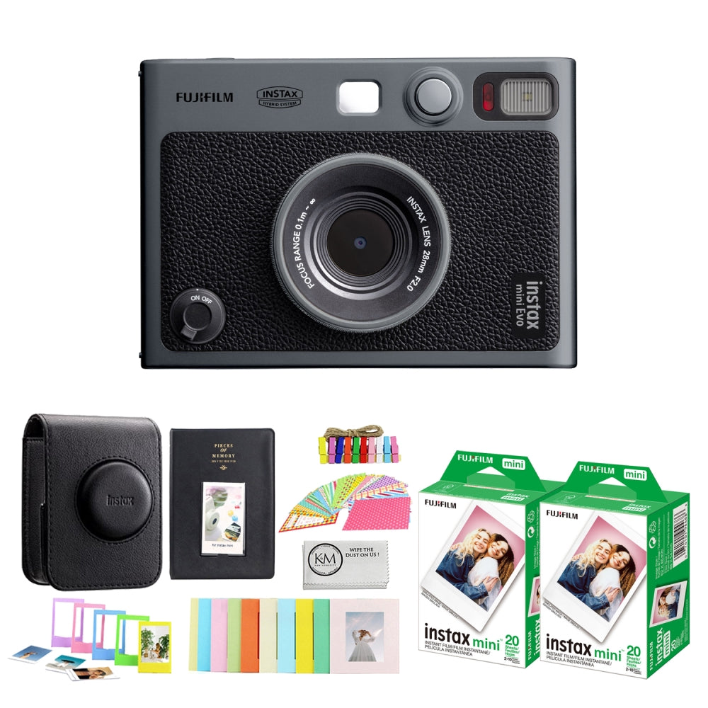 FUJIFILM INSTAX MINI EVO Limited Edition Hybrid Instant Camera | Dark Silver Bundled With (2) FUJIFILM INSTAX Mini Instant Film | 20 Exposures + Instax Mini Album, Borders, Stickers & Clips + Cleaning Cloth (5 Items)