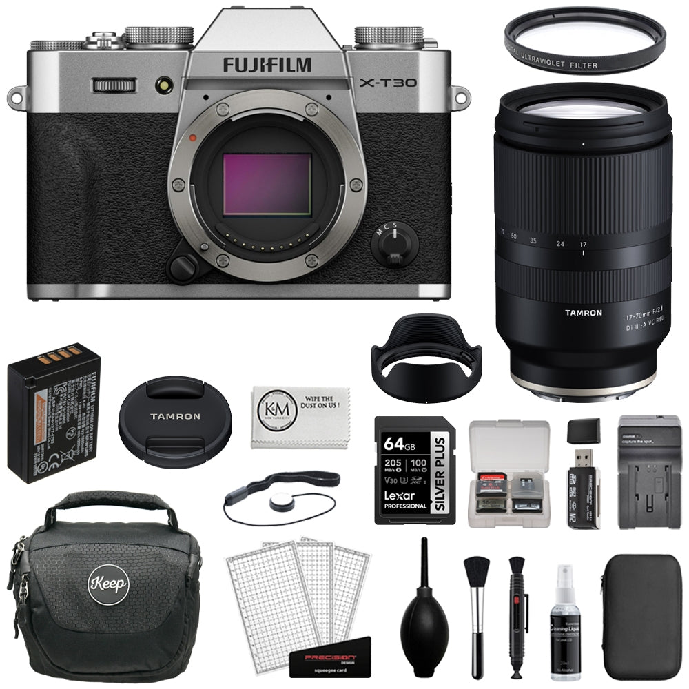 FUJIFILM X-T30 III Mirrorless Digital Camera (Silver) Bundle with Tamron 17-70mm f/2.8 Di III-A VC RXD Lens + 64GB Card + Card Reader + UV Filter + Charger + Camera Bag + Cleaning Kit (12 Items)