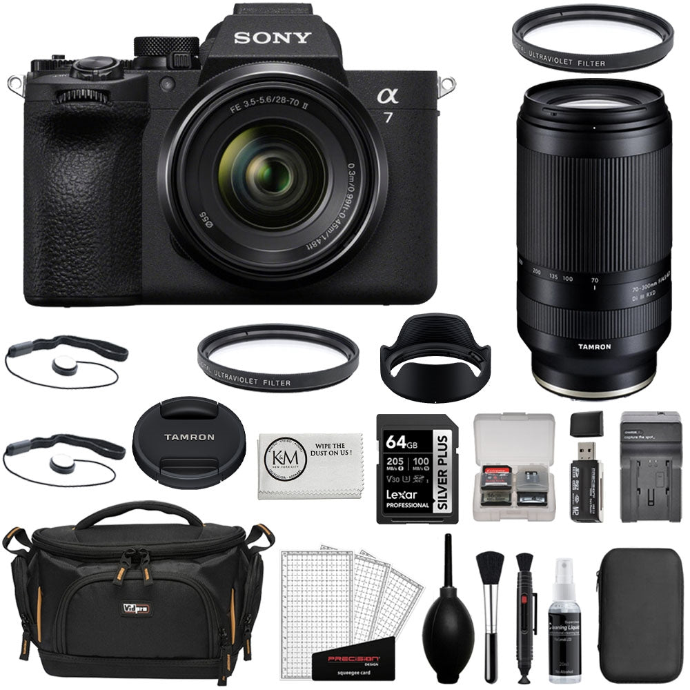 Sony a7 V Mirrorless Camera with 28-70mm II Lens Bundle with Tamron 70-300mm F/4.5-6.3 Di III RXD Lens + UV Filters + 64GB Card + Card Reader + Cleaning Kit + Camera Bag + Cleaning Cloth (14 Items)