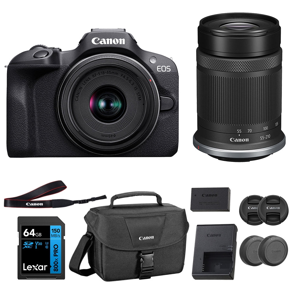 Canon EOS R100 Mirrorless Camera with 18-45mm and 55-210mm Lenses Bundled with 64GB Memory Card & Camera Bag (3 Items)